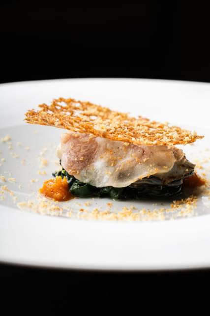 Plat raffiné au Domaine du Liziec avec viande ou poisson sur lit de verdure, sauce orange et garniture croustillante