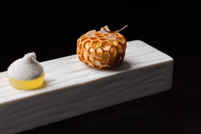 Création culinaire raffinée au Domaine du Liziec avec nid d’abeille garni et sauce délicate sur fond sombre