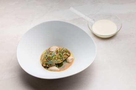 Plat gastronomique créatif avec sauce crémeuse servi au restaurant <span><span><span><span>1 Étoile Michelin</span></span></span></span>du Domaine du Liziec à Vannes