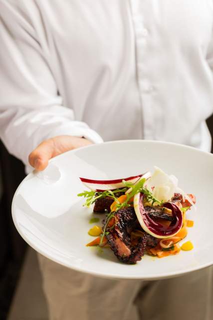 Plat gastronomique servi au Domaine du Liziec, présenté sur assiette blanche avec ingrédients colorés et dressage raffiné